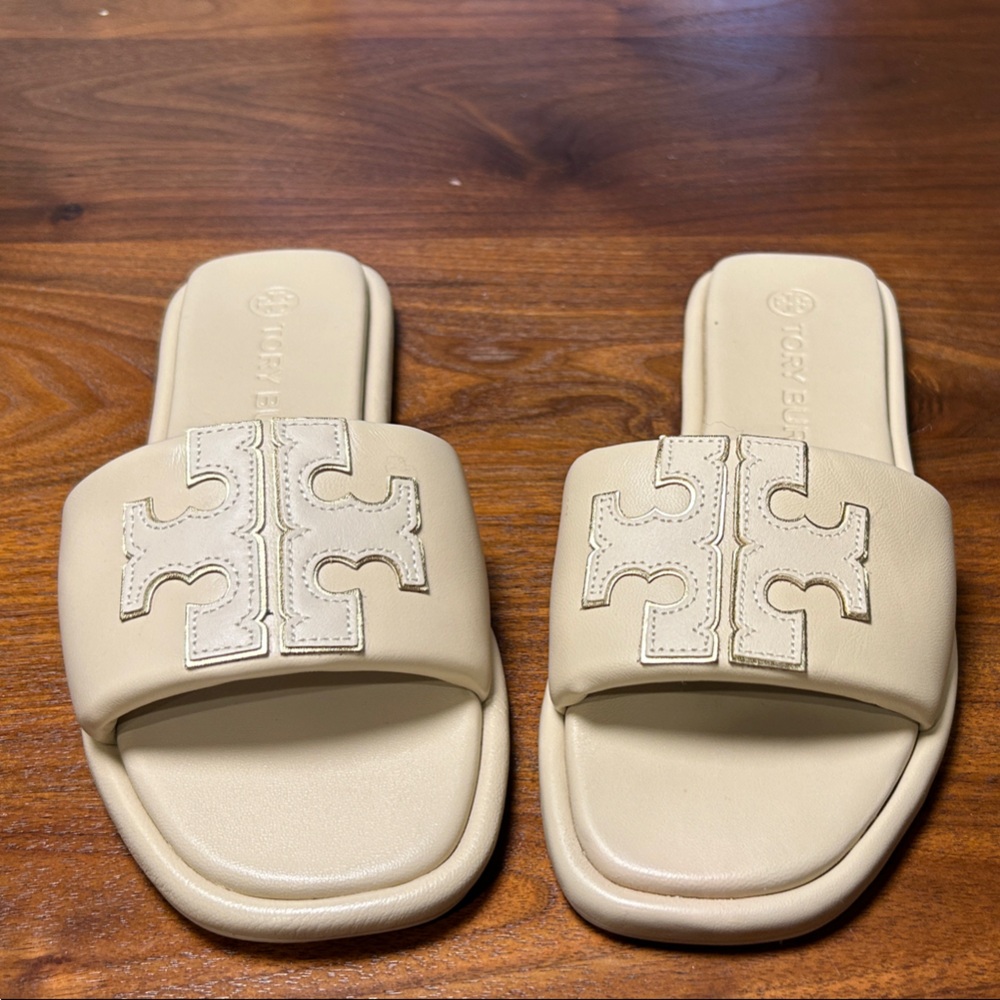 Tory Burch Dolce de Leche Double-T Monogram Padded Leather Slide Sandals